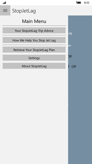 StopJetLag Main Menu